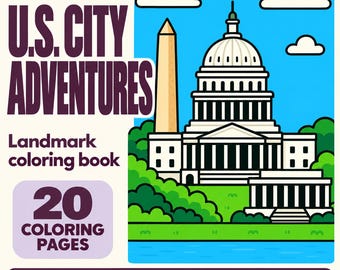 Könnte beinhalten: Ein Malbuch mit dem Titel U.S. City Adventures mit 20 Ausmalbildern. Das Cover zeigt eine grafische Illustration des U.S. Kapitols und des Washington Monuments vor einem blauen Himmel mit Wolken, grünen Bäumen und Wasser.