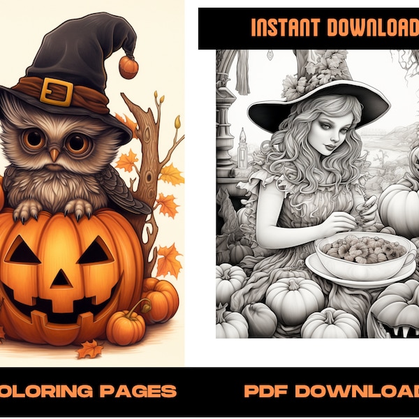 70 Halloween Big Bundle Coloring Book, Printable Gothic Creepy Pumpkin Witch Coloring Pages, Grayscale Halloween Coloring Book for Adults