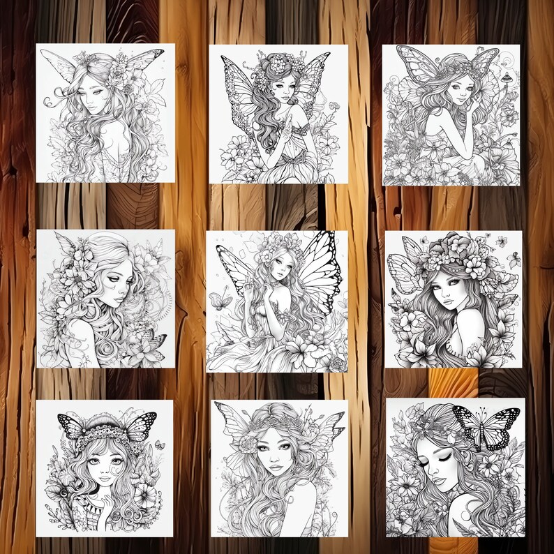 May include: Nine black and white illustrations of fairies with wings, flowers, and butterflies. Each fairy has a different hairstyle and expression.