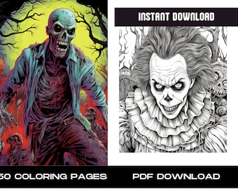 Horror Coloring Book, Scary Fantasy Greyscale Pages (PDF Pattern)