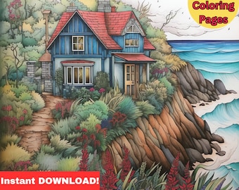 May include: A coloring book page featuring a blue and red cottage on a cliff overlooking the ocean. The cottage has a red roof, white trim, and a path leading to the front door. The ocean is blue and green, with white waves crashing on the shore. The image is surrounded by a border of green foliage.