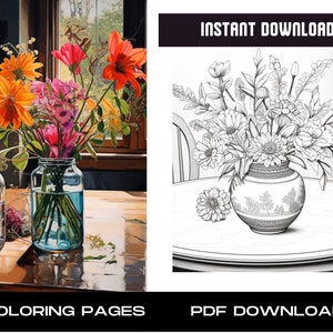 50 Printable Flower Coloring Pages, Coloring Book, Adults + Kids, Grayscale Coloring, Instant Download, Printable, PDF