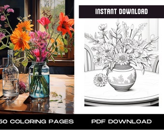 50 Flower Coloring Pages, Grayscale Floral Designs (PDF)