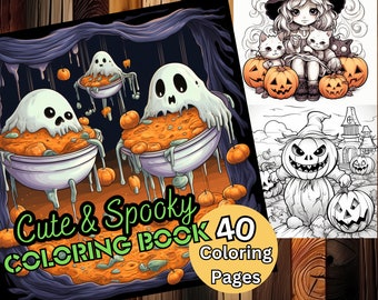 Może przedstawiać: Drukowana książka do kolorowania z 40 stronami z uroczymi i straszymi ilustracjami z okazji Halloween. Okładka przedstawia duchy w kotłach z dyniami i tekstem "Cute & Spooky Coloring Book 40 Coloring Pages".