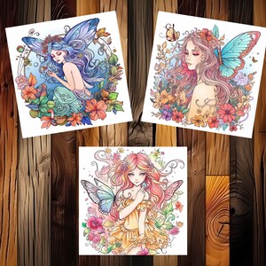 May include: Three digital illustrations of fairies with butterfly wings. Each fairy has long, flowing hair and is surrounded by flowers. The fairies are wearing colorful dresses and have delicate features.