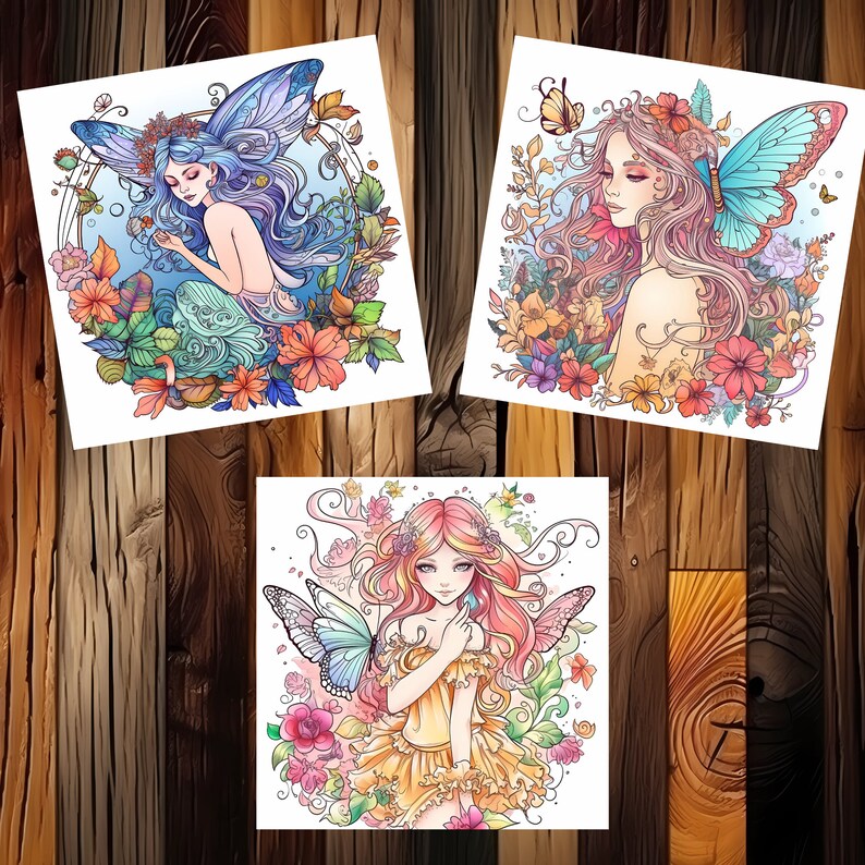 May include: Three digital illustrations of fairies with butterfly wings. Each fairy has long, flowing hair and is surrounded by flowers. The fairies are wearing colorful dresses and have delicate features.