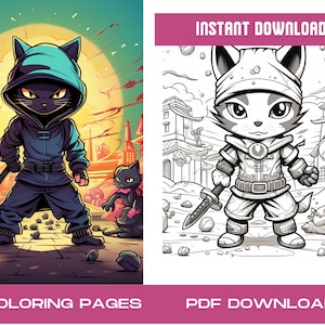 Anime Ninja Cats: 42 Cats Coloring Pages | Cute Manga Fantasy Designs for Kids & Adults | Instant PDF Download, Printable Book