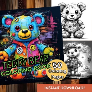 Teddy Bear Coloring Book: 50 Grayscale Coloring Pages | Instant Download | Easy-to-Print PDF | Relaxing Activity