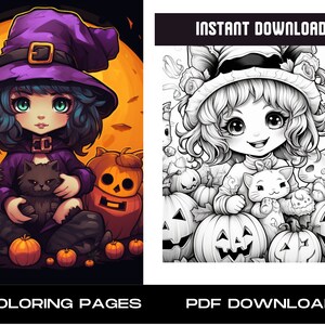 23 Cute Witchy Coloring Pages | Creepy Kawaii | Coloring Book | Cute creepies animals (PDF INSTANT DOWNLOAD)
