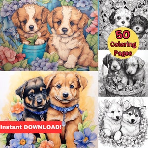 50 Dog Coloring Pages | Printable Coloring Book | Coloring Pages for Kids | Printable Digital Coloring for Girls | Digital Download
