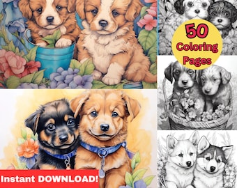 50 Cute Dog Coloring Pages | Printable Puppy Coloring Book (Digital Download)