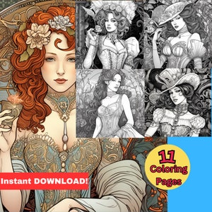 11 Beautiful Victorian-Style Girls Coloring Book - Adults Kids Coloring Pages, Instant Download, Grayscale Coloring Book, Printable PDF File