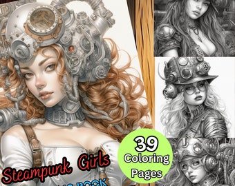 Steampunk Ladies Coloring Book | 39 Grayscale Illustrations (Printable PDF)