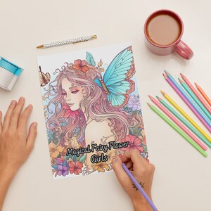 May include: A coloring book with a colorful illustration of a fairy with a butterfly on her shoulder. The book cover says "Magical Fairy Flower Girls".