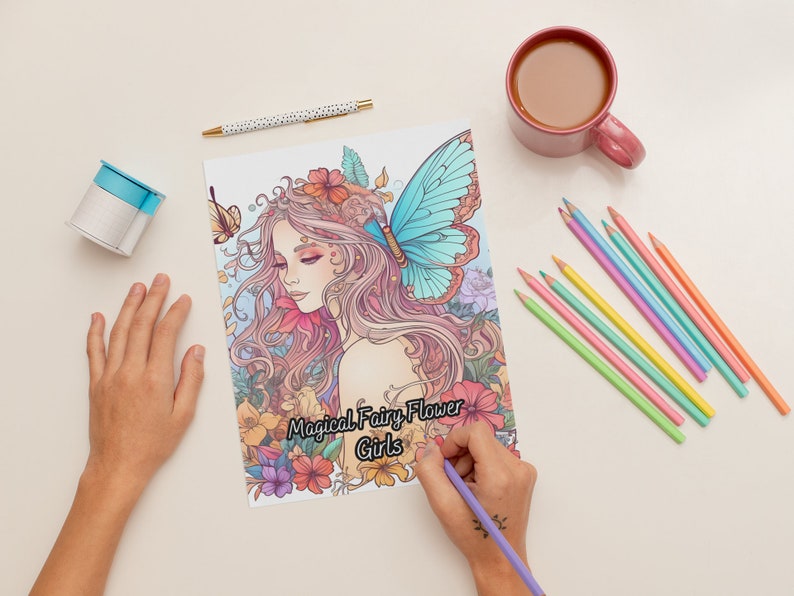 May include: A coloring book with a colorful illustration of a fairy with a butterfly on her shoulder. The book cover says "Magical Fairy Flower Girls".