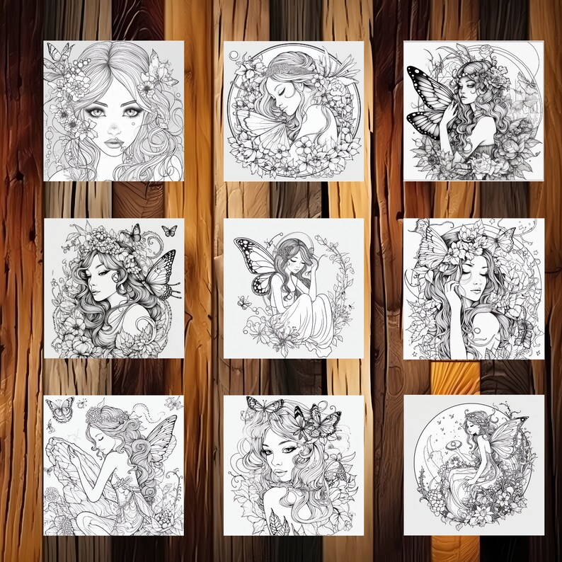 May include: Nine black and white illustrations of fairies with wings, flowers, and butterflies. Each illustration is framed in a square.