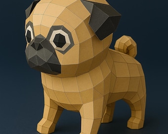 Modelo de papel de cachorro pug: artesanato em papel Low Poly faça você mesmo (padrão em PDF, 25 cm de altura)