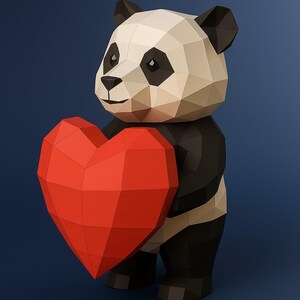 Cute Panda Paper Sculpture with heart,Printable PDF template,Handmade Wide Animal Figurine Papercraft,3D puzzle,Low Poly Home Decor,DIY Gift