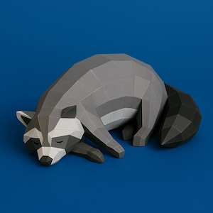 Sleeping Racoon model, Create Your Own 3D papercraft Racoon, Origami Racoon, Paper Sculpture, PDF Papercraft Template.