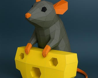 Escultura de papel Low Poly de rato e queijo: modelo PDF faça você mesmo