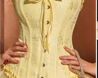 Yellow Gothic Overbust Corset-Victorian Ruffle Lace up Bustier Top for Women