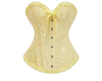 Yellow Lace Corset Top Bustier – Adjustable Lace-Up Back, Buckle Front Shapewear.