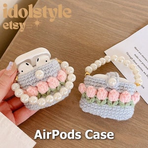 Charming Knitted Tulip Flower AirPods Case - Pearl Chain Accessory - Fits AirPods 2, Pro, and 3