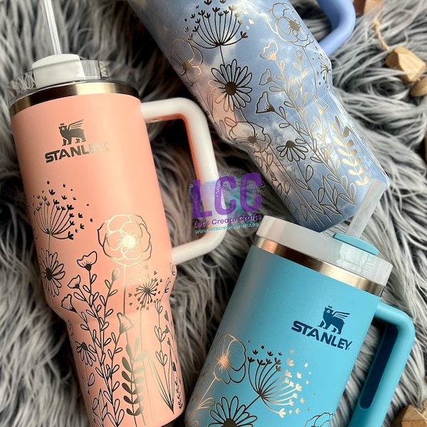 Floral Engraved 40oz Stanley Tumbler with Handle
