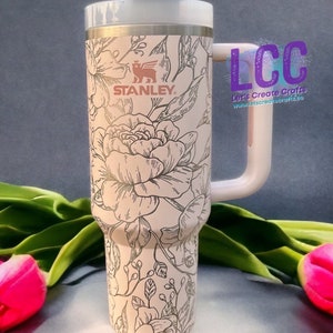 40oz Peony Engraved Quencher Personalized Tumbler w/ Handle - Gift, xmas, Mother, mom, graduation, party, birthday, friends, family, school