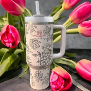 NEW COLORS 40oz Peony Engraved Quencher Personalized Tumbler w/ Handle - Gift for Mother’s Day, graduation, party, birthday, friends, family