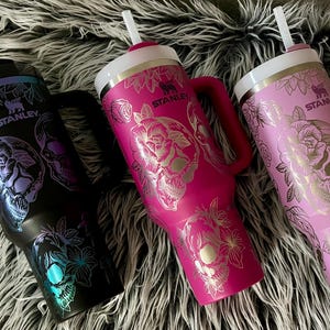 30 or 40 oz Skull & Roses Engraved Quencher Personalized Tumbler w/ Handle - Gifts for her | mom | teacher | graduation | birthday | friend