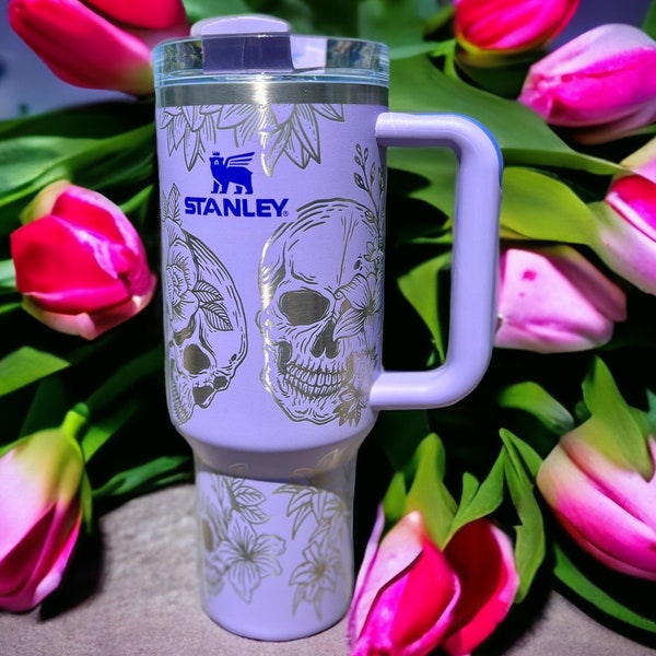 40oz Skull & Roses Engraved Quencher Personalized Tumbler w/ Handle - Gifts for her | mom | teacher | graduation | birthday | friend | fall