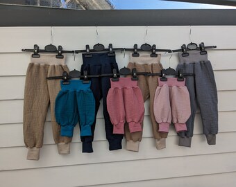 Pump pants made of muslin for boys and girls in size. 44 to 104 petrol - blue, dark red, rust - orange, old pink