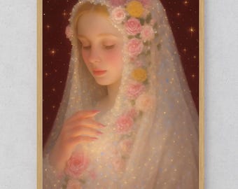 Ethereal Saint Art Print, Digital Download, Romantic Floral Veil Wall Art, Dreamy Portrait Printable