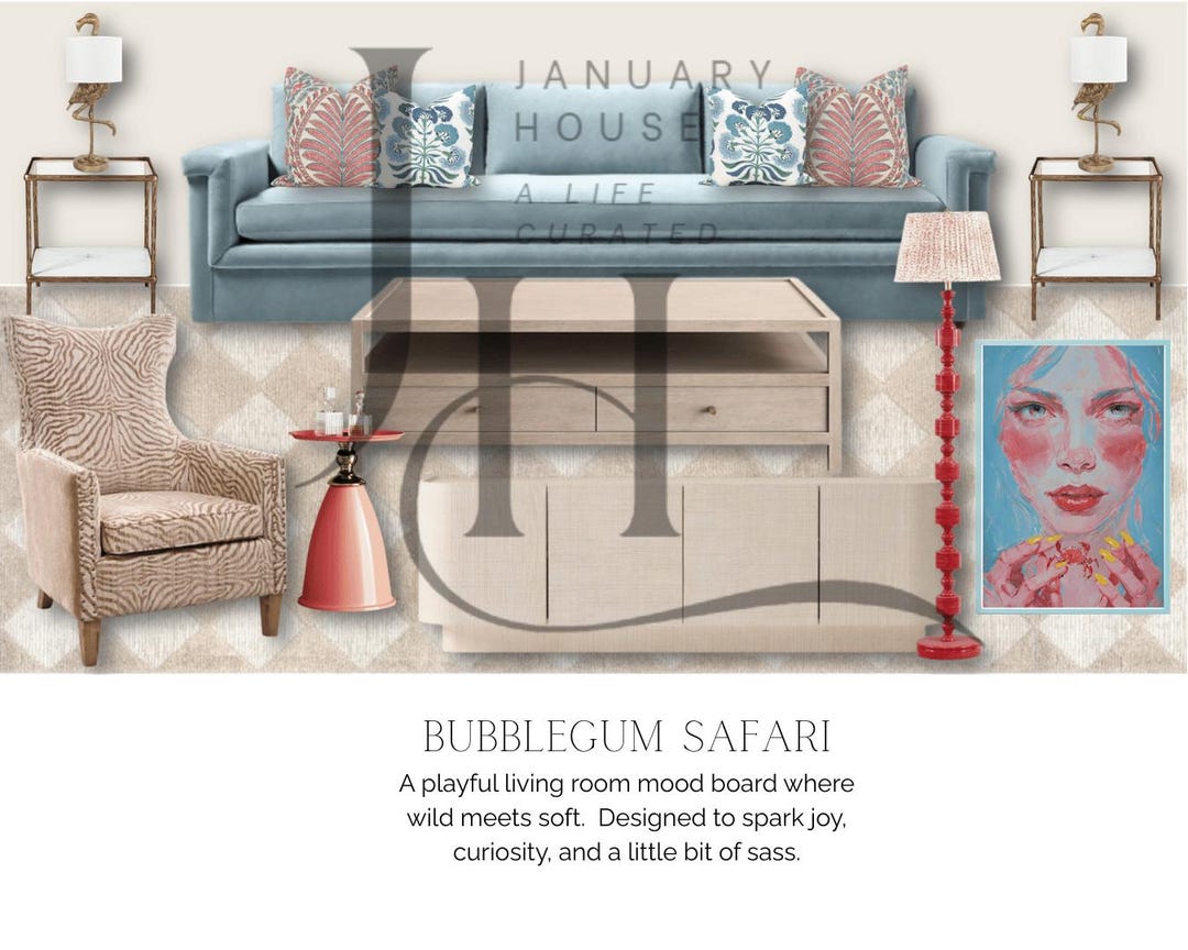 Bubblegum Safari Living Room Mood Board, Clickable Interior Design ...