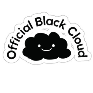 Puede incluir: Pegatina en blanco y negro con una nube con una carita sonriente y el texto "Official Black Cloud" alrededor.