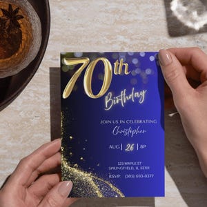 Invitación para fiesta de 70 cumpleaños / Invitación para hombre azul marino y azul / Invitación digital editable / Descarga digital editable de Canva