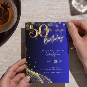 Convite para festa de 50 anos | Convite para homens azul-marinho | Convite digital editável | Download digital editável do Canva