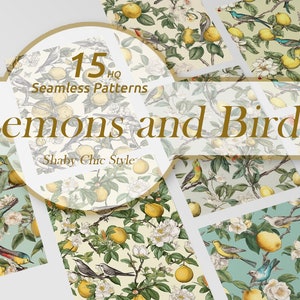 Op de afbeelding: 15 HQ Naadloze patronen Citroenen en Vogels Shabby Chic stijl. Een verzameling van 15 digitale naadloze patronen met citroenen, vogels en bloemen in een shabby chic stijl.