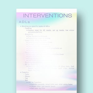 May include: A pink and blue graphic with the text "Interventions" and a list of "ADLs" with examples of tasks and equipment for assisting with activities of daily living.