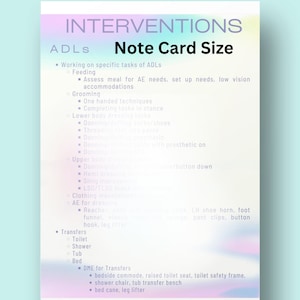 Occupational Therapy Interventions for Level II Fieldwork Note Card Size / OT / Interventions / OT Student / Rehab / Acute Care