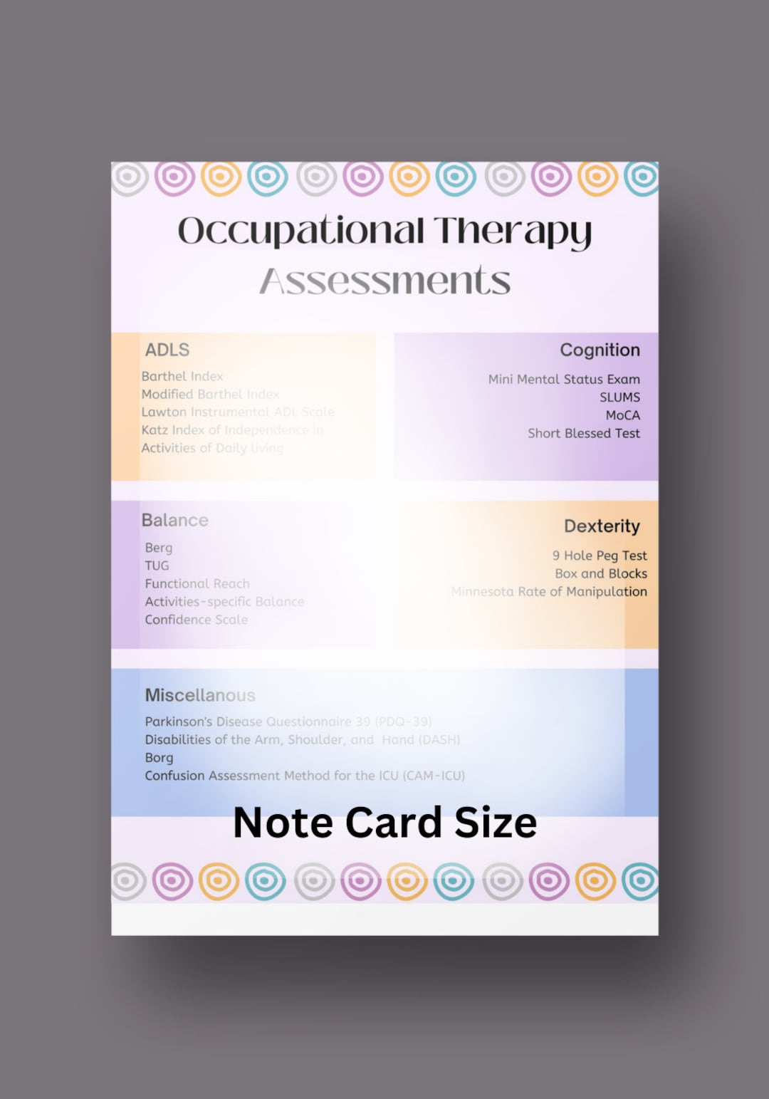 Occupational Therapy Assessments Note Card Size / OT / Adls / Cognition