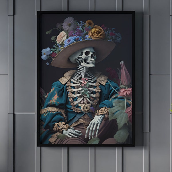 Portrait skeleton flowers / Printable Digital Painting / Print Download / Wall Art / Digital Picture Print / Poster / Illustration