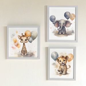 3 Cuadros Digitales Imprimibles para habitación de bebé con diseños de animales, decoración de pared de guardería, león, jirafa y elefante