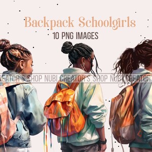 Backpack Schoolgirls Clipart, Black Clipart, Schoolgirl Clipart, Student Clipart