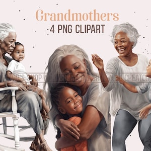Clipart de vovó, clipart de mãe, clipart preto, clipart de mulher negra, clipart sênior, clipart de avó, clipart de família, clipart de cabelo grisalho