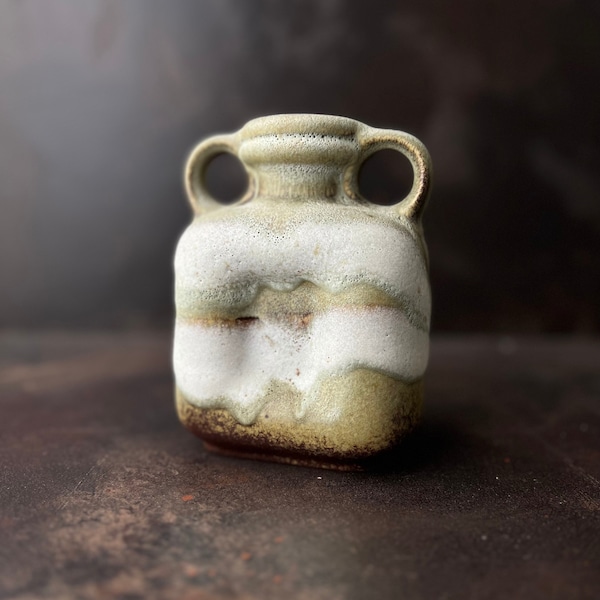 Vintage Mid-Century Ceramic Vase with Matte Green, White, and Brown Glazes - Ceramic Vase by Steuler - Fat Lava 444/ 15