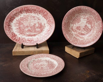 Vintage English Ironstone Tableware | Serving Plate, Bowl or Cake Plate with Floral, Castle and Landscape Motif | White & Red