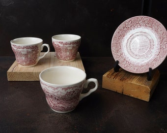 Vintage English Ironstone Tableware | EIT | Coffee/Tea Cup or Saucer or Milk Jug or Sugar Cup with Castle and Landscape Motif | White & Red