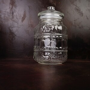 Vintage Italian Glass Jar with Lid, Pressed Glass, Fruit Design, 16 cm Diameter, 28 cm Height, Candy Jar, Cookie Jar